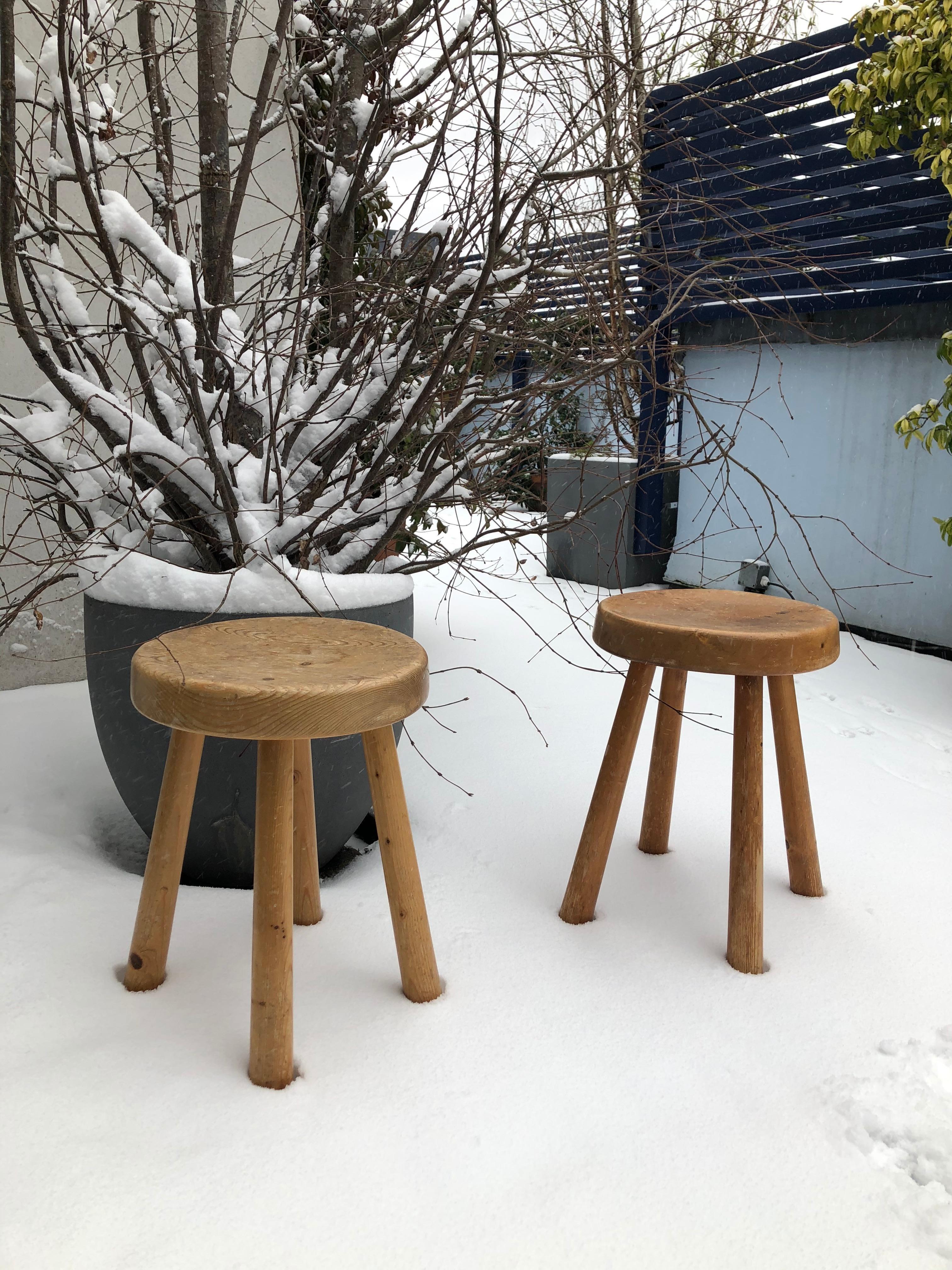 Dyed Very Rare Set of Charlotte Perriand 4 Legs Configuration Stools For Sale