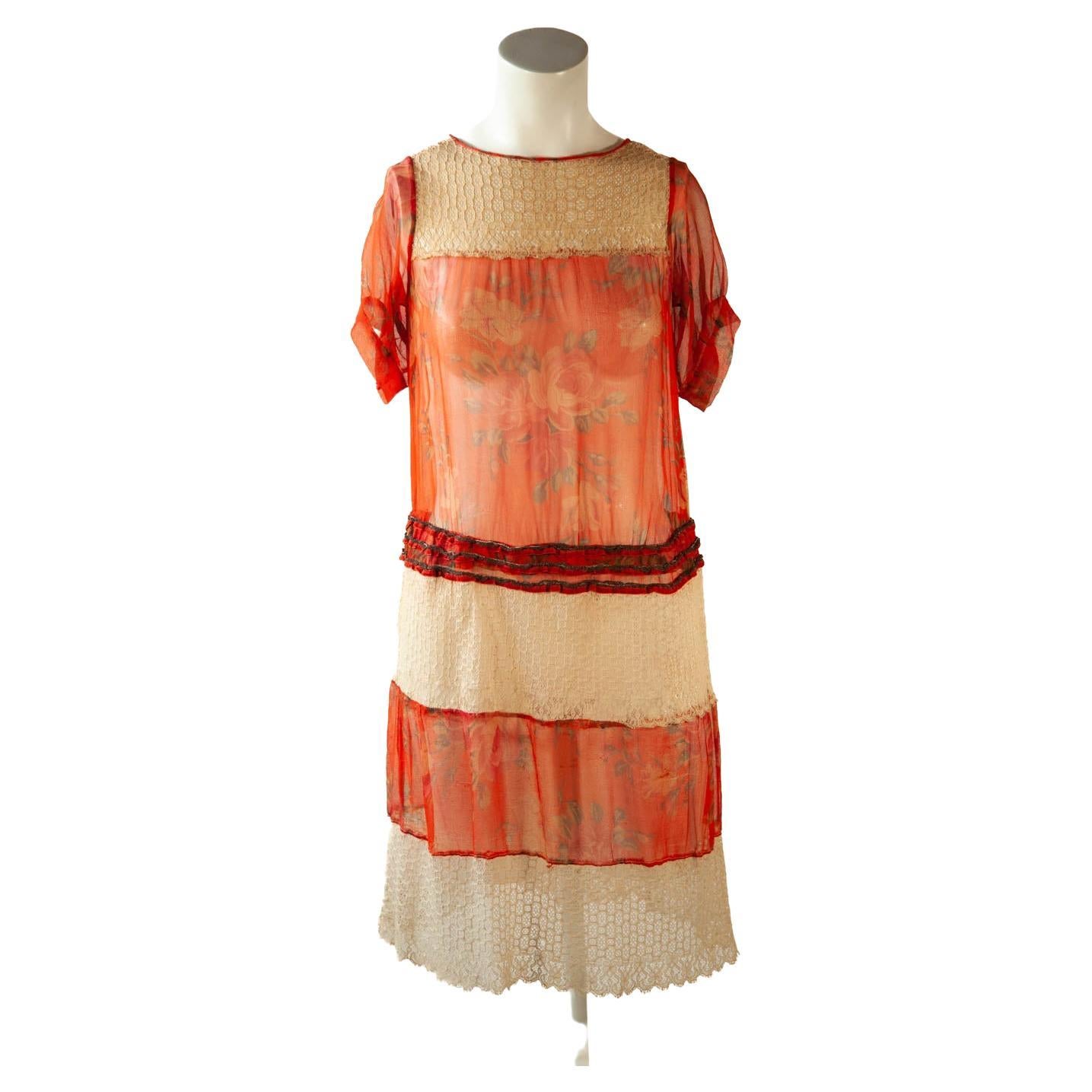 Robe en mousseline de soie orange 100 % vintage, années 1920