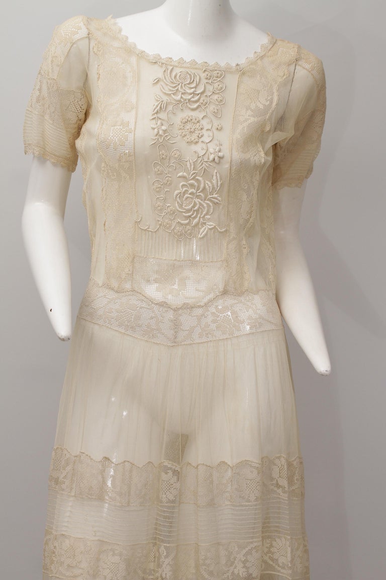 Very Vintage Ecru Lace and Embroidered Long Sheer Dress with Short Sleeves