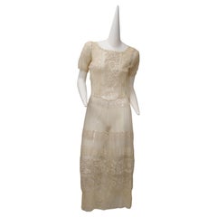 Very Vintage ecru lace and embroidered long sheer dress with short sleeves