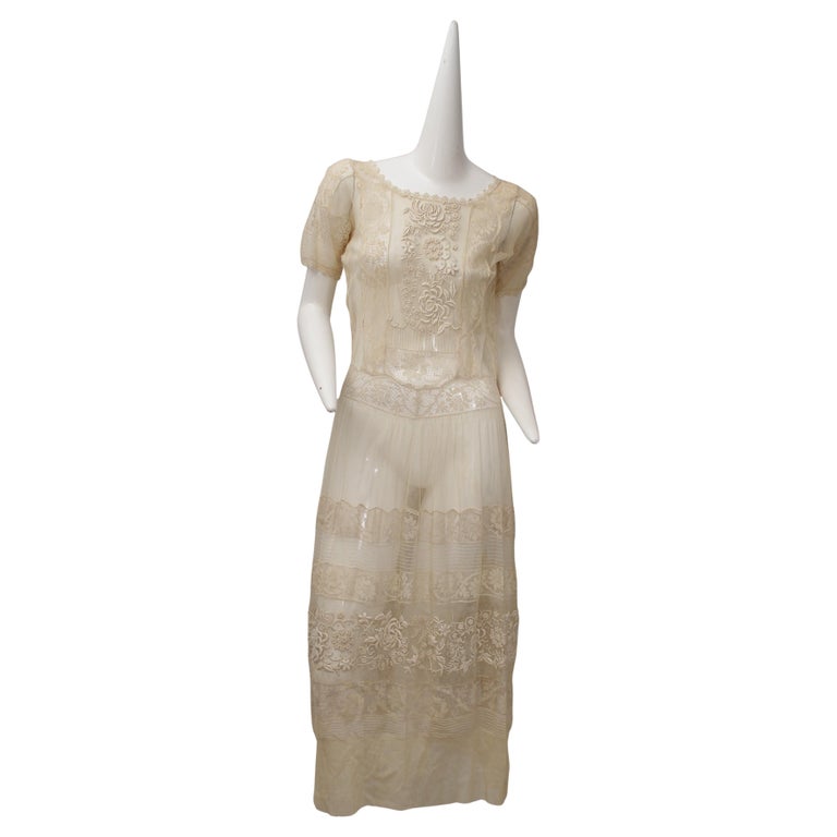 Very Vintage ecru lace and embroidered long sheer dress with short sleeves For Sale at 1stDibs Very Vintage ecru lace and embroidered long sheer dress with short sleeves For Sale at 1stDibs