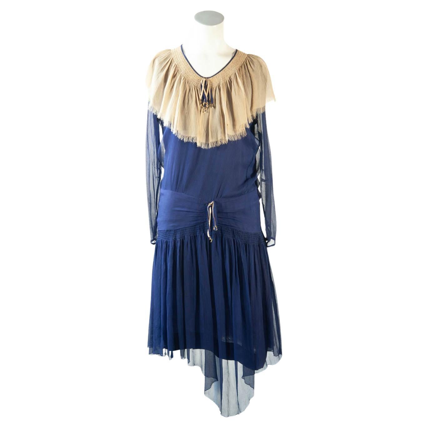 Sehr Vintage Original 1920er Jahre Seiden-Chiffon-Blaues Kleid im Angebot