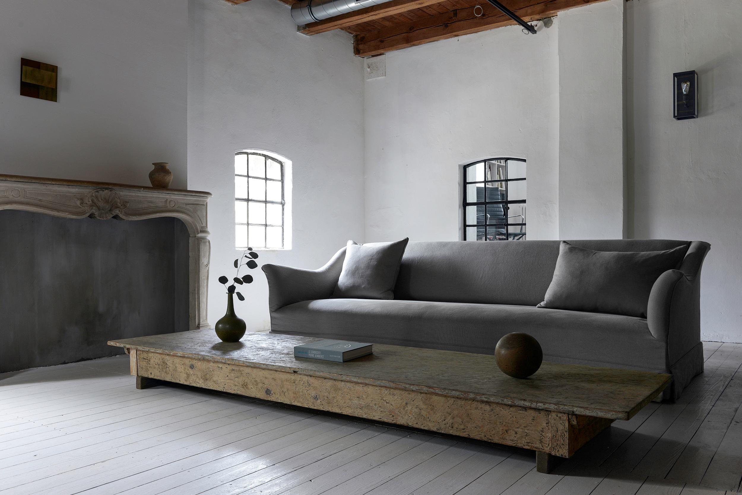 Very Wabi Sabi low coffee table made from a farmhouse table, original paint.