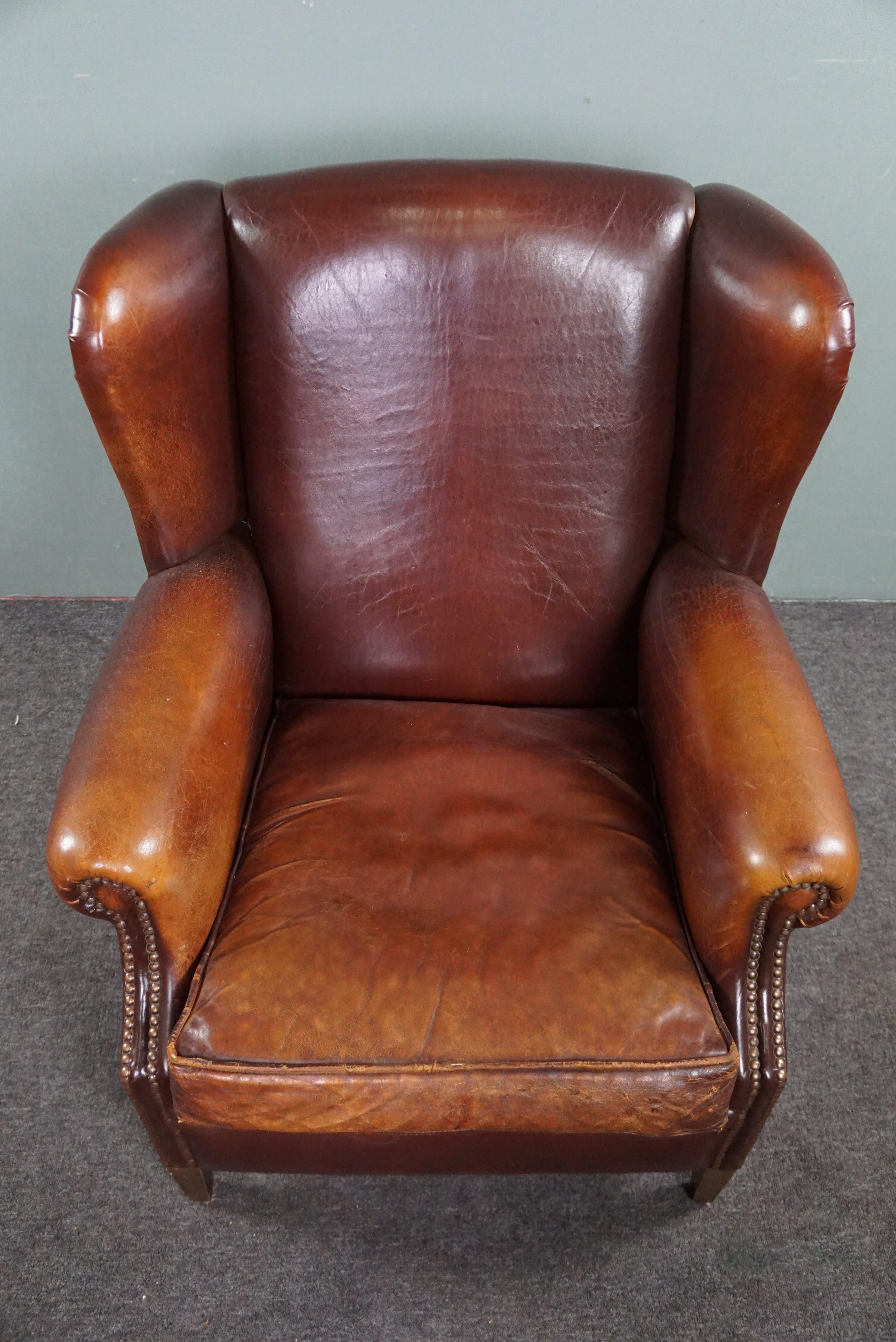 Leather Very warm colored sheep leather wing chair  For Sale