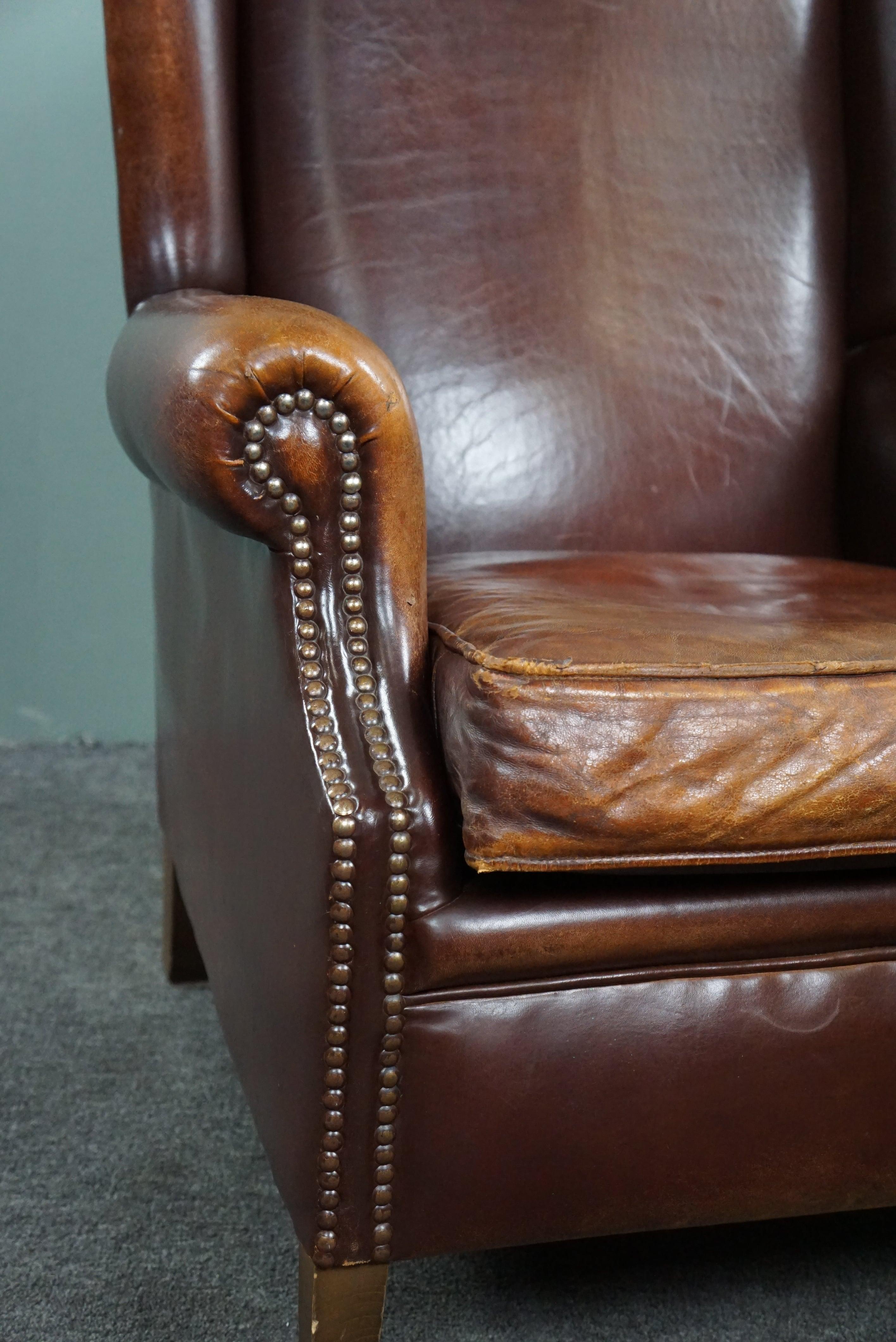Very warm colored sheep leather wing chair  For Sale 2