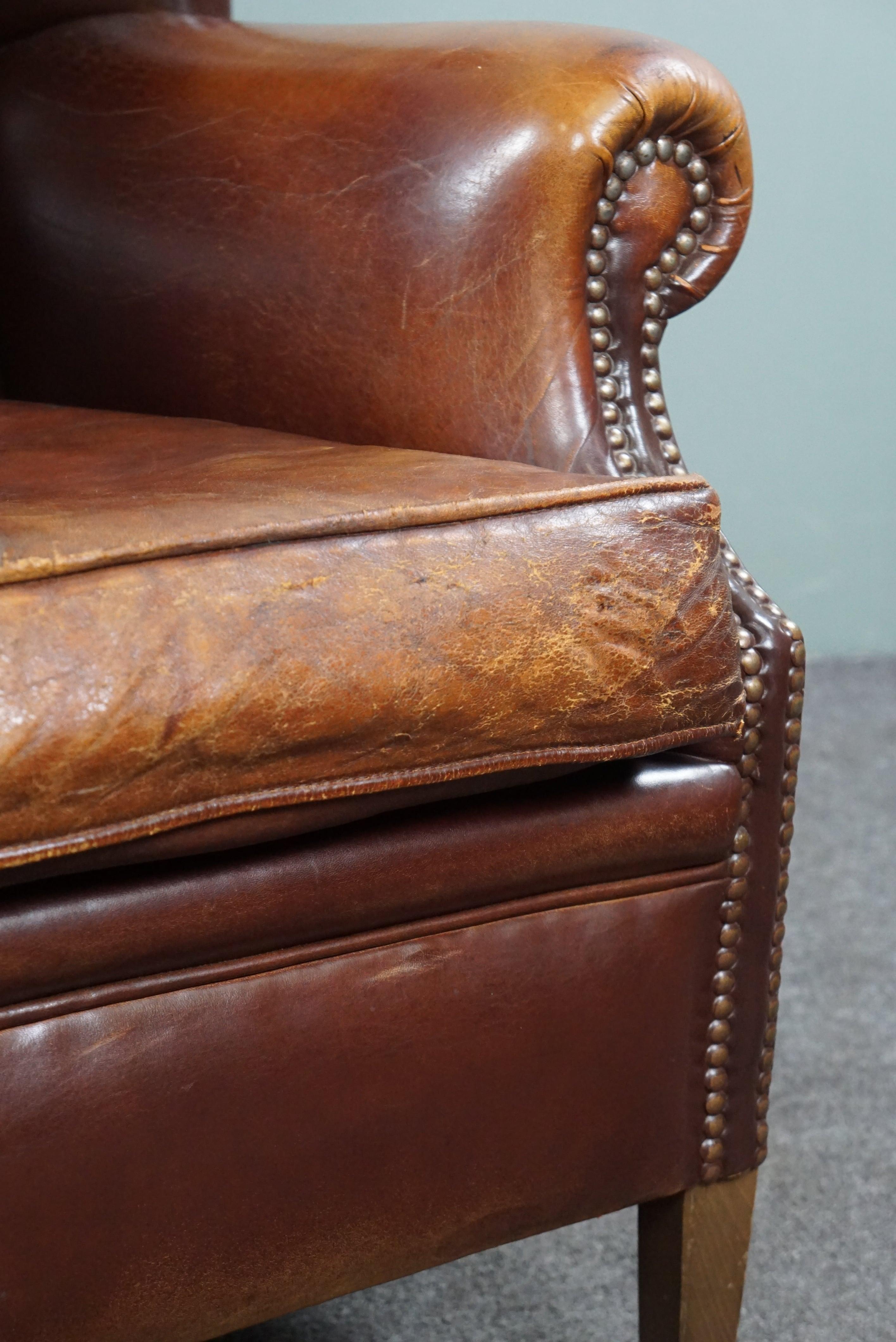 Very warm colored sheep leather wing chair  For Sale 3