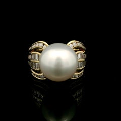 Very Well Made 18k Yellow Gold 12.8mm Pearl w/ 1.47ct Diamond Wide Cocktail Ring