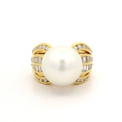 Very Well Made 18k Yellow Gold 12.8mm Pearl w/ 1.47ct Diamond Wide Cocktail Ring
