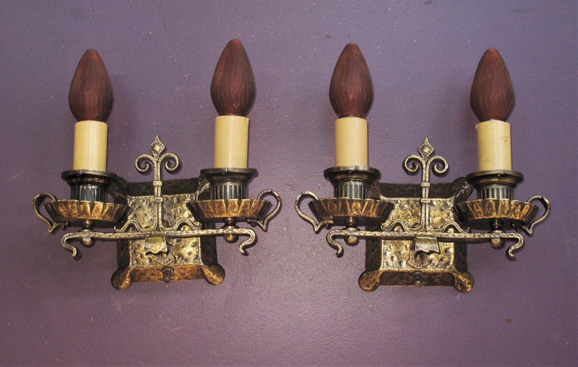 Early 20th Century Very Well Made 2 Arm Solid Brass Revival Sconces Pair For Sale