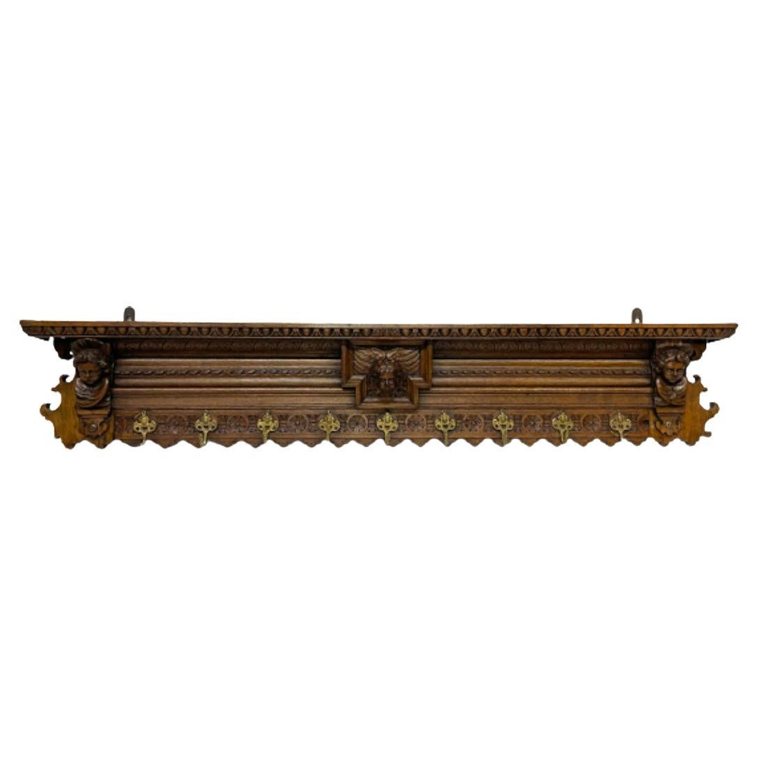 Very Wide Dutch 19th Century Oak Coat Rack with Carved Angels For Sale