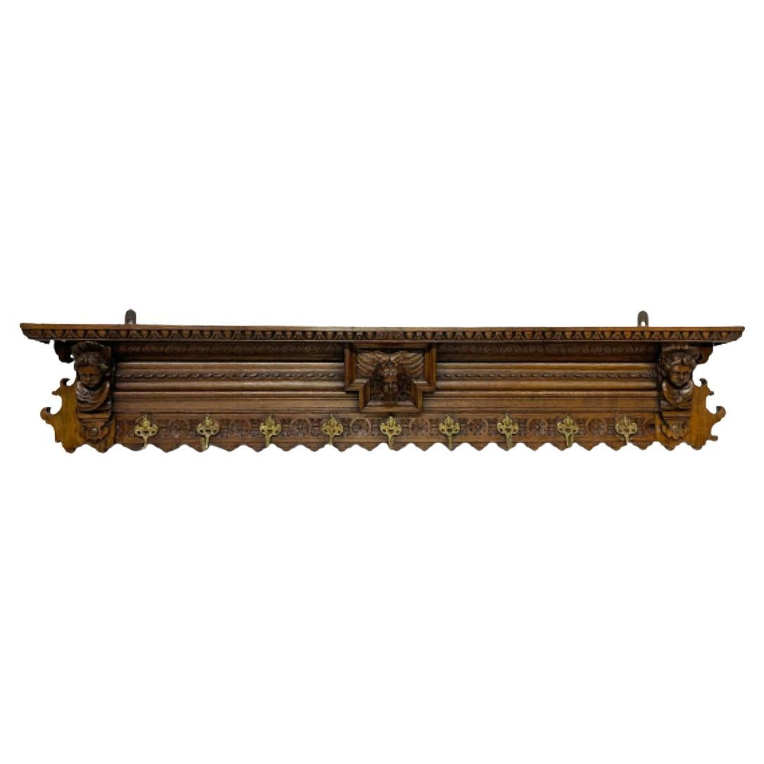 Very Wide Dutch 19th Century Oak Coat Rack with Carved Angels