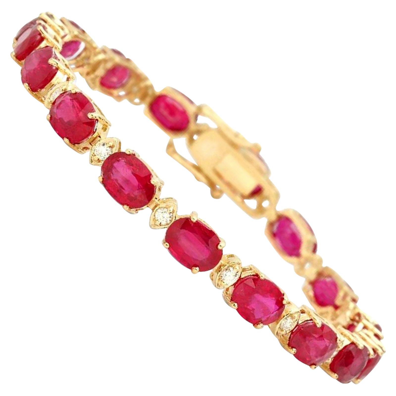 VeryImpressive 26.90ct Natural Red Ruby and Diamond 14 Karat Solid Gold Bracelet