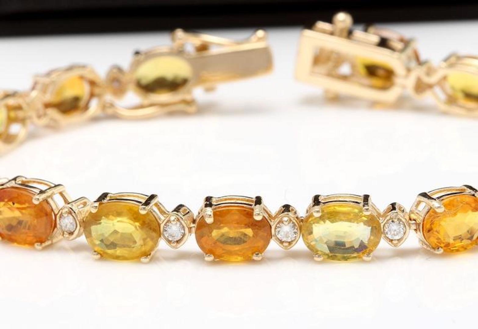 Very Impressive 30.65 Carats Natural Sapphire & Diamond 14K Solid Yellow Gold Bracelet

STAMPED: 14K

Total Natural Round Diamonds Weight: .65 Carats (color F-G / Clarity VS2-SI1)

Total Natural Sapphire Weight is: 30.00 carats

Bracelet length is: