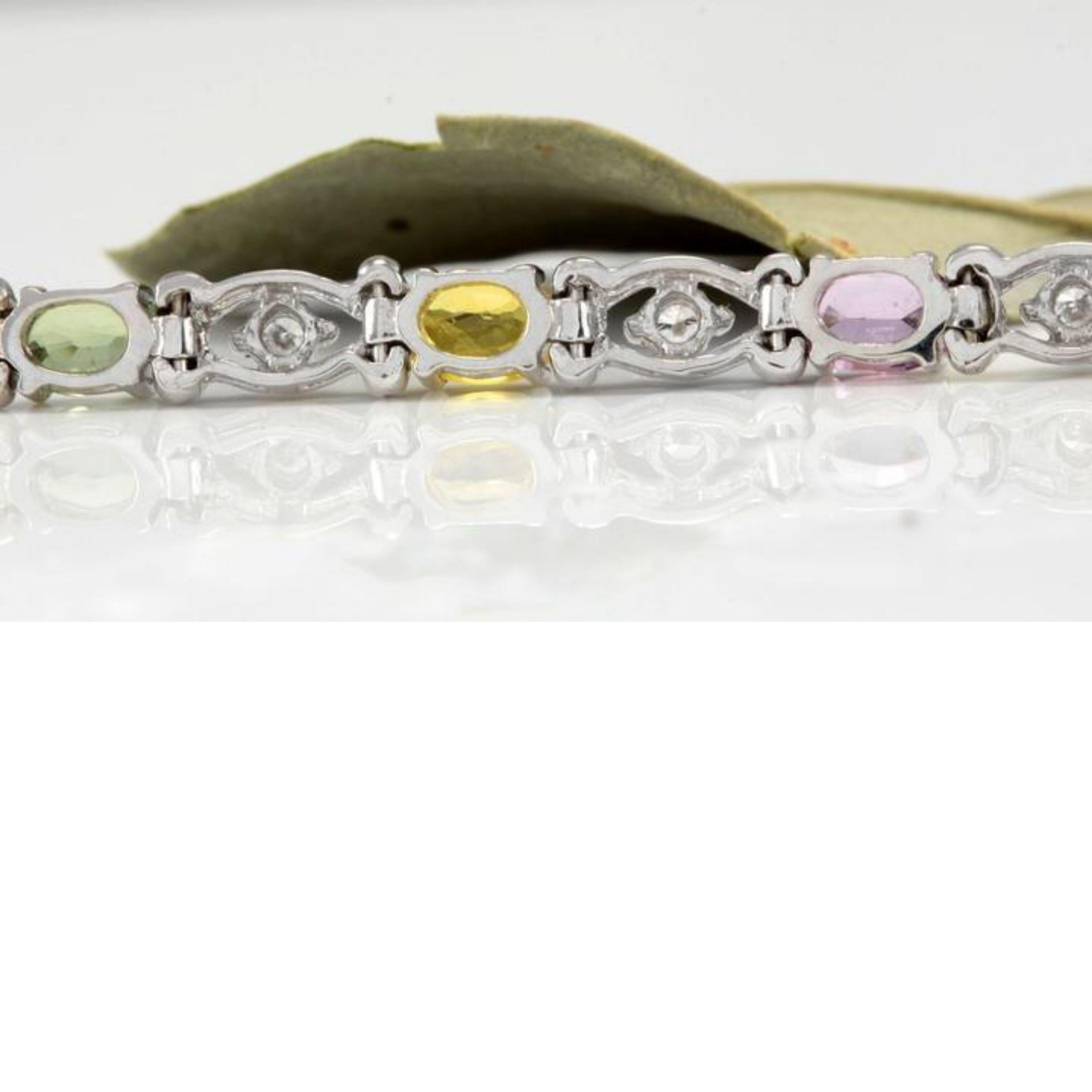 Mixed Cut 6.70Ct Natural Multi-Color Ceylon Sapphire & Diamond 14KSolid WhiteGold Bracelet For Sale