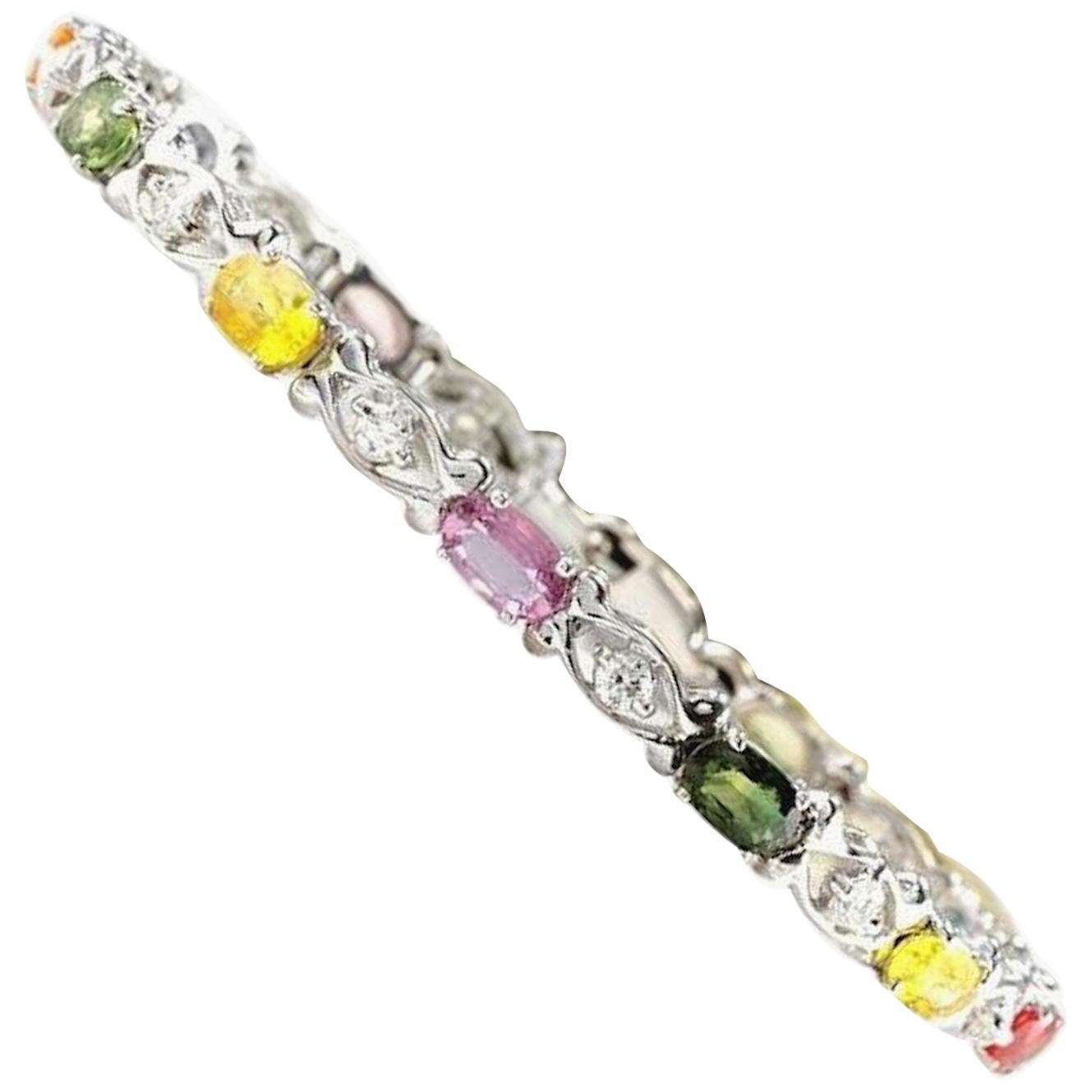 6.70Ct Natural Multi-Color Ceylon Sapphire & Diamond 14KSolid WhiteGold Bracelet For Sale