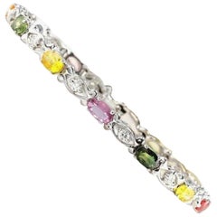 6.70Ct Natural Multi-Color Ceylon Sapphire & Diamond 14KSolid WhiteGold Bracelet