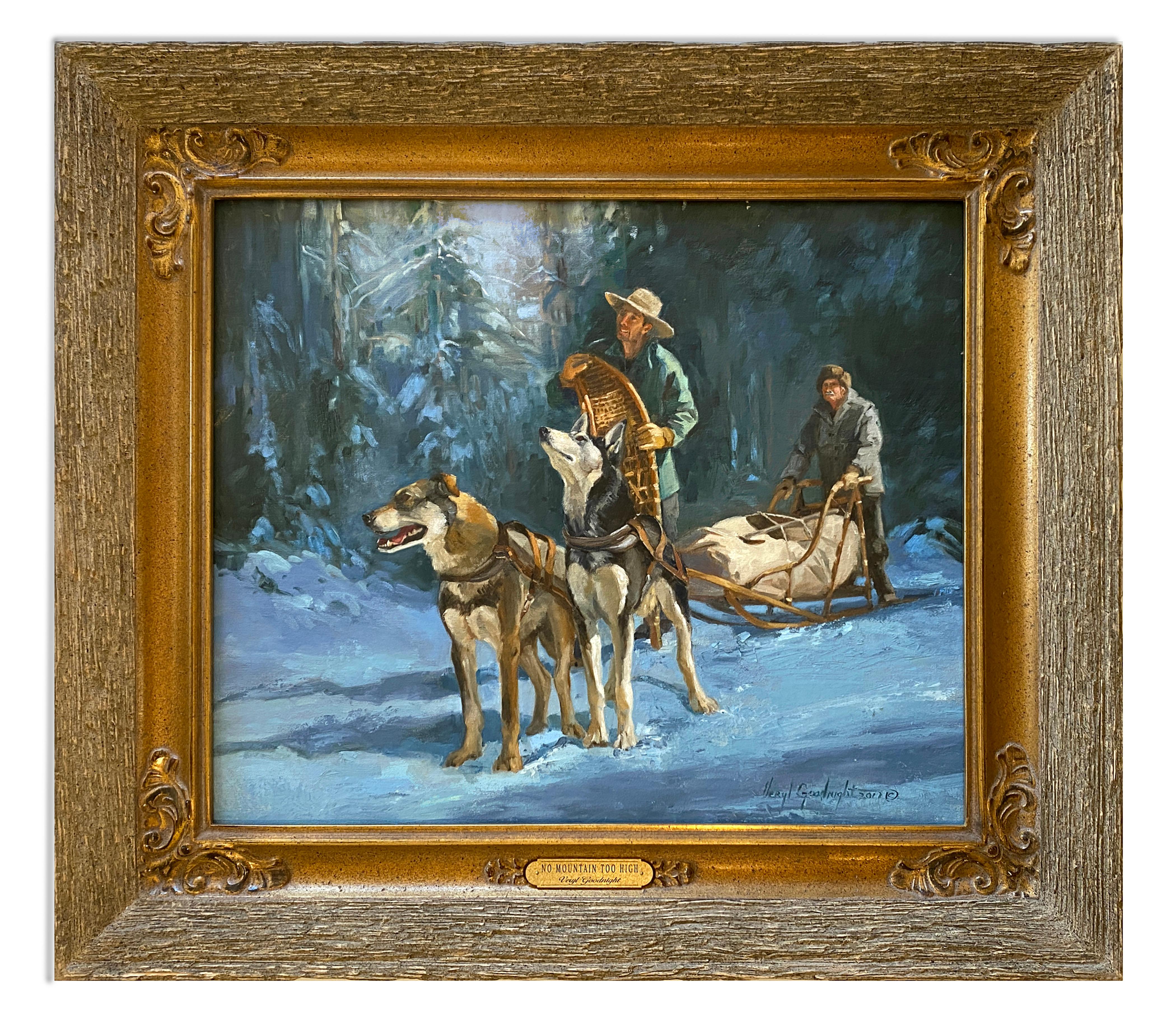No Mountain Too High (dog-sledding, musher, huskies, snow, winter, evergreens) - Painting by Veryl Goodnight