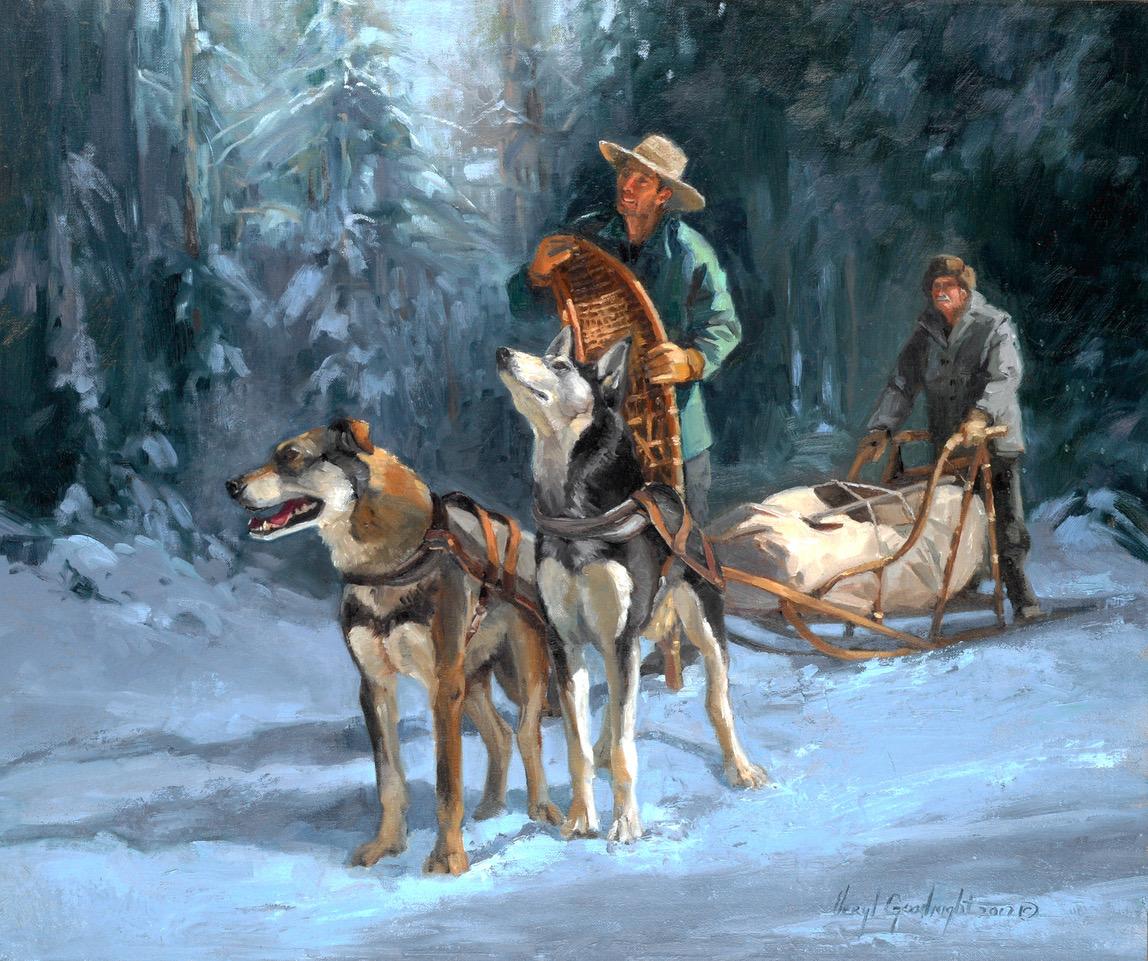 Veryl Goodnight Animal Painting - No Mountain Too High (dog-sledding, musher, huskies, snow, winter, evergreens)