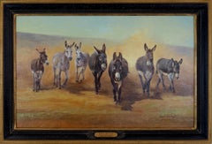 The Burro Brigade (herd of burros, desertscape, salmon, gold, brown, gray)