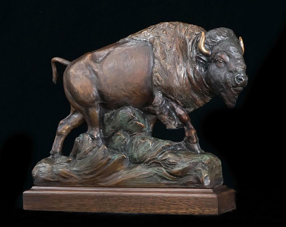 The Sage (Bronze, buffalo, bison, strength, unity, bronze color, wood base) - Sculpture by Veryl Goodnight