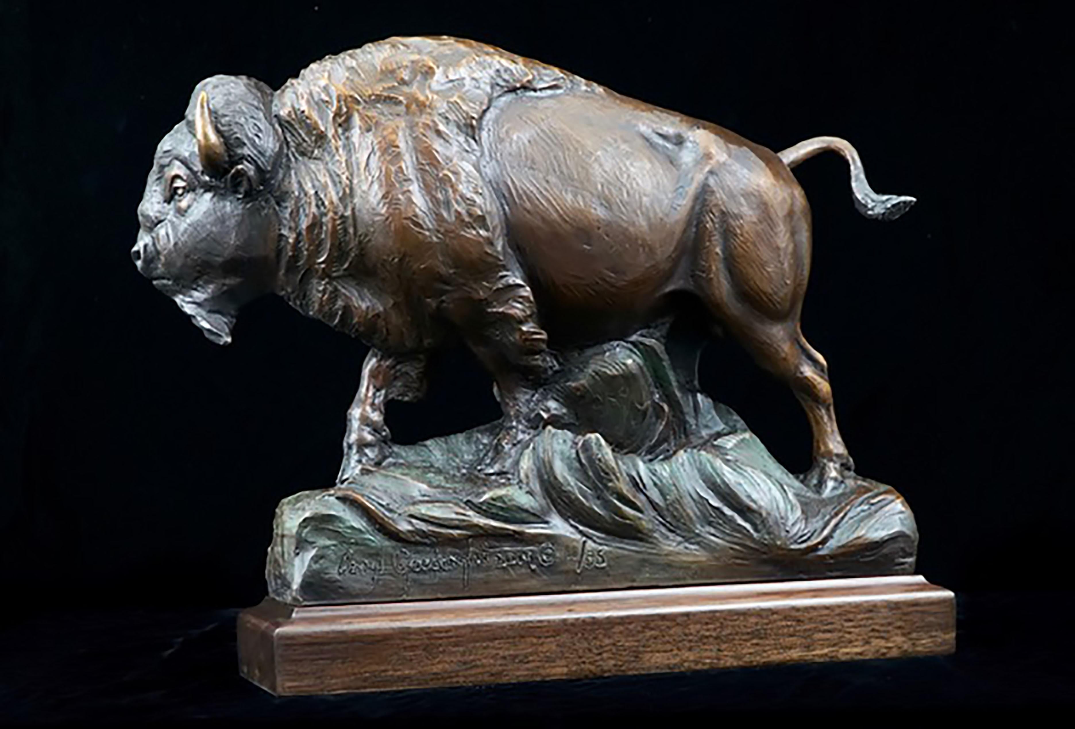 Veryl Goodnight Figurative Sculpture - The Sage (Bronze, buffalo, bison, strength, unity, bronze color, wood base)
