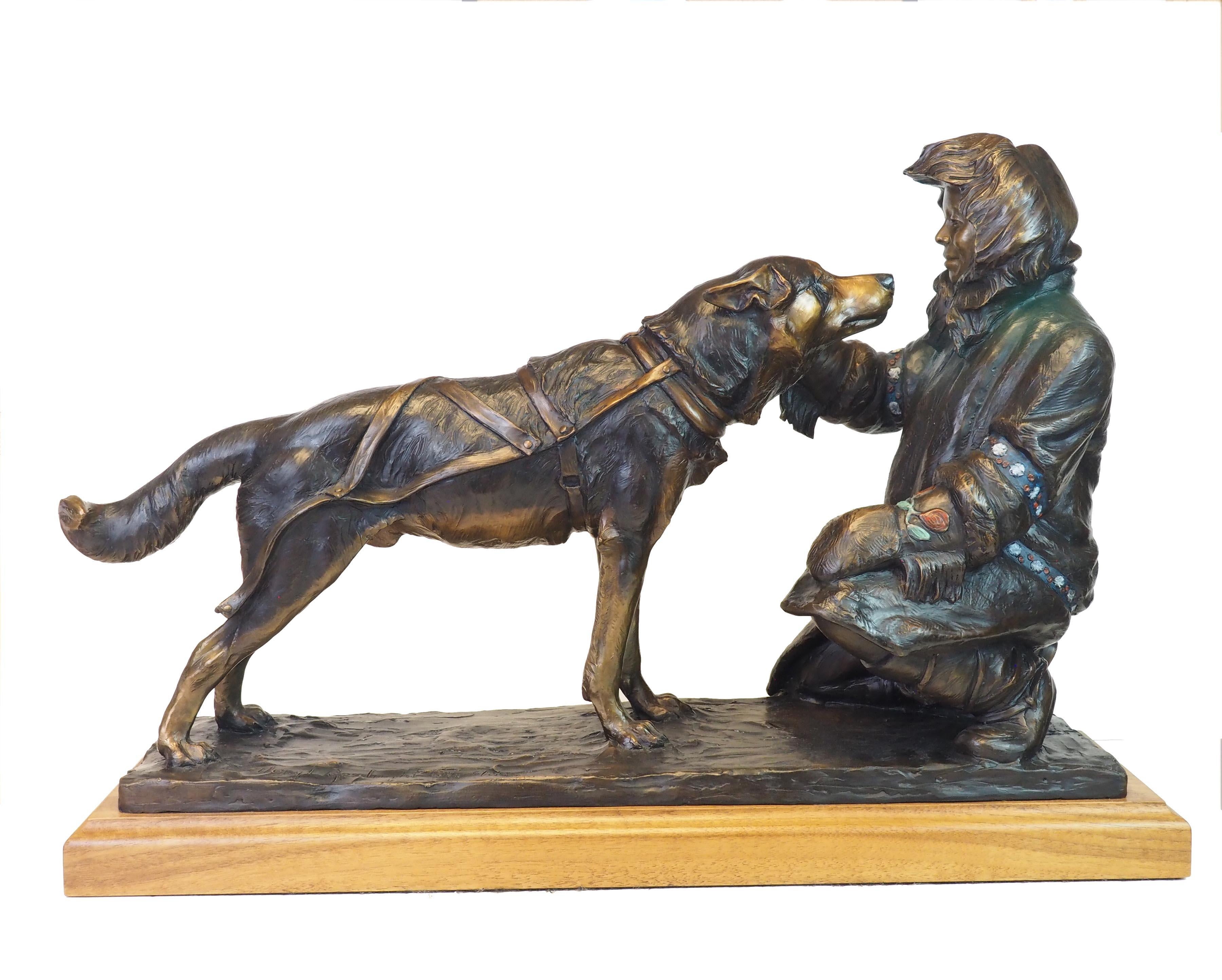 Village Kinship (bronze, musher, sled dog, intimacy, team) - Sculpture by Veryl Goodnight