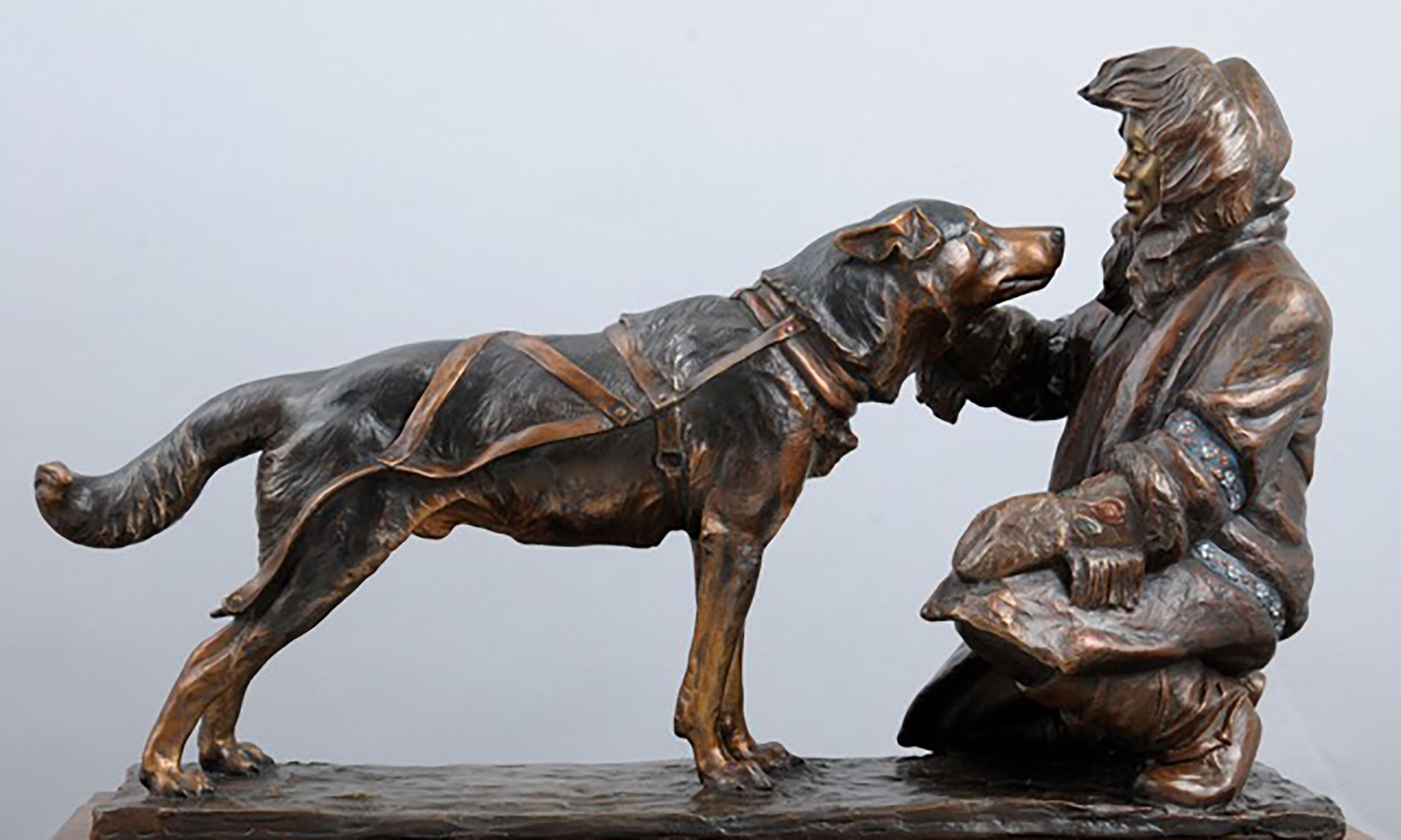 Village Kinship (bronze, musher, sled dog, intimacy, team) - Gold Figurative Sculpture by Veryl Goodnight