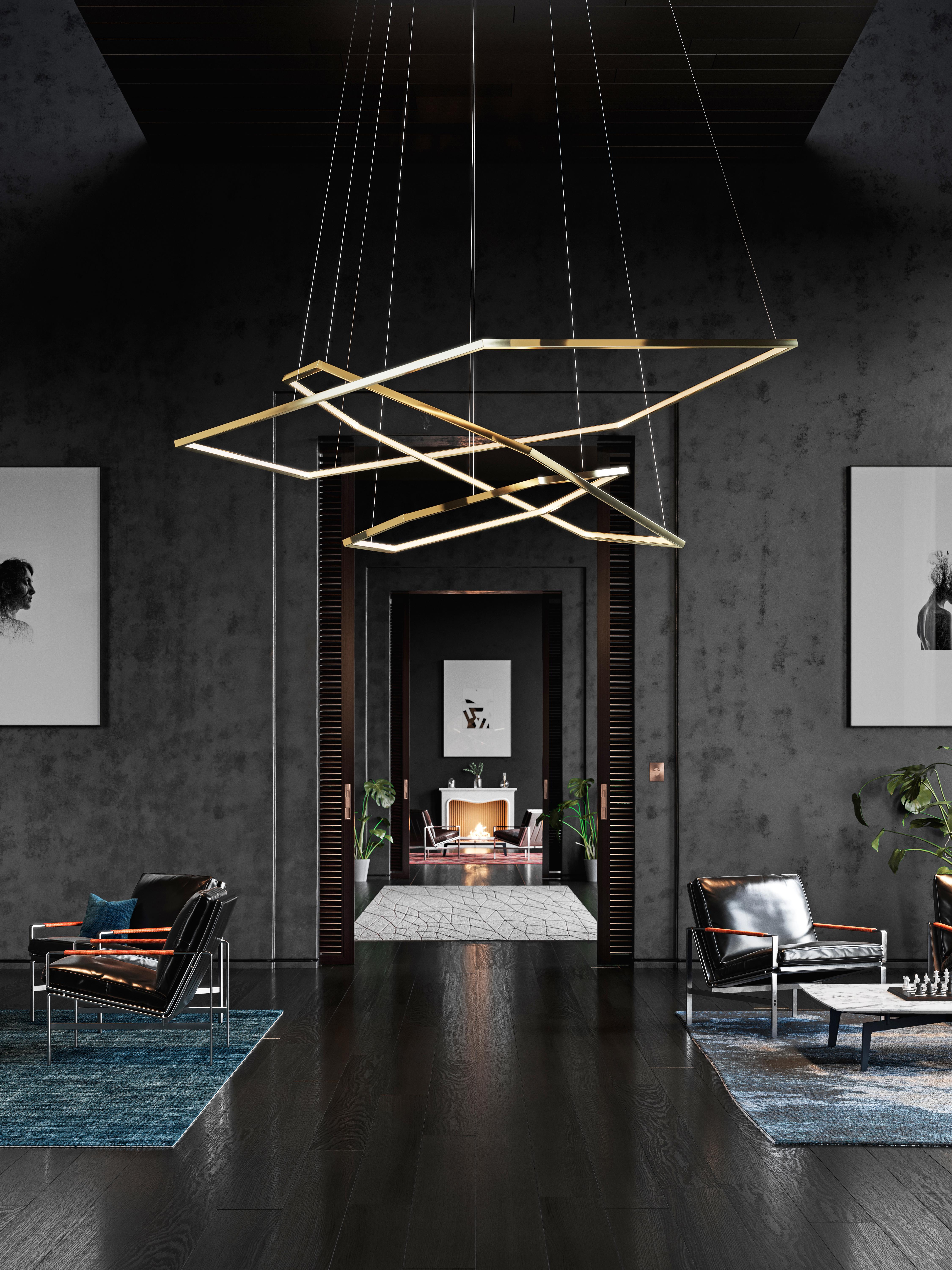 Lustre triple Vesanto par Cameron Design House
Dimensions : D 160 cm, D 120cm, D 80 cm
MATERIAL : Laiton poli.

Disponible en version simple, double et triple.
Disponible en différentes finitions métalliques. Veuillez nous contacter.

Le Vesanto est