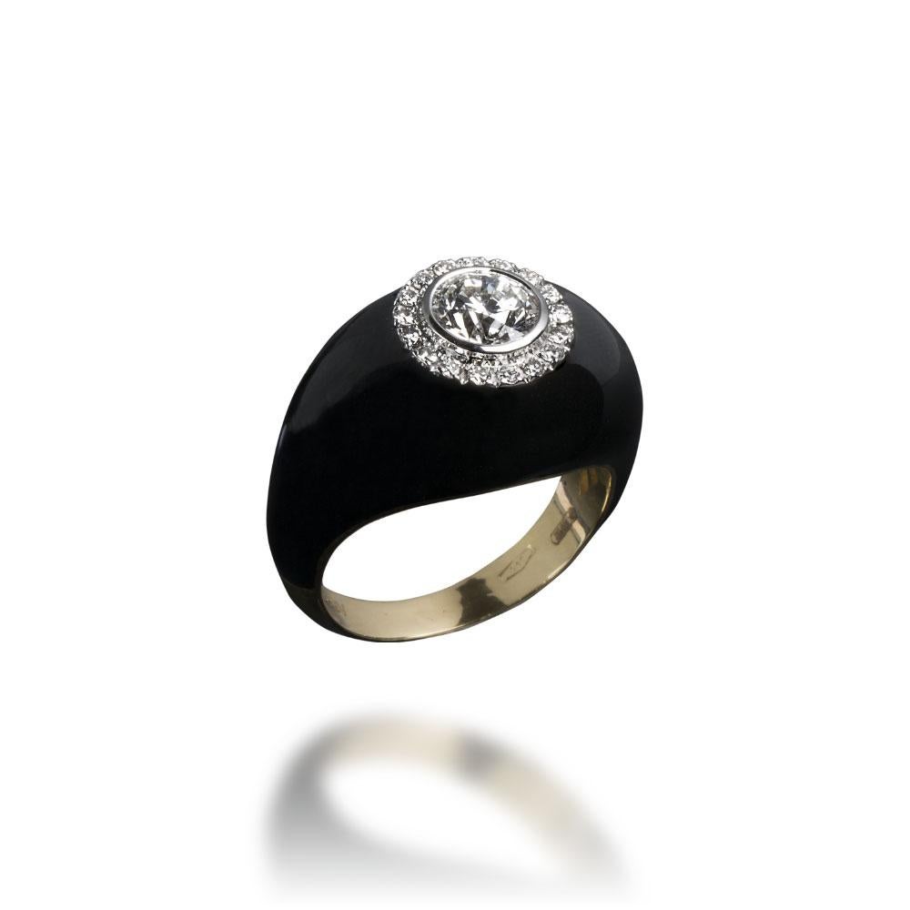 Veschetti 18 Karat Yellow Gold Black Enamel Diamond Ring at 1stDibs