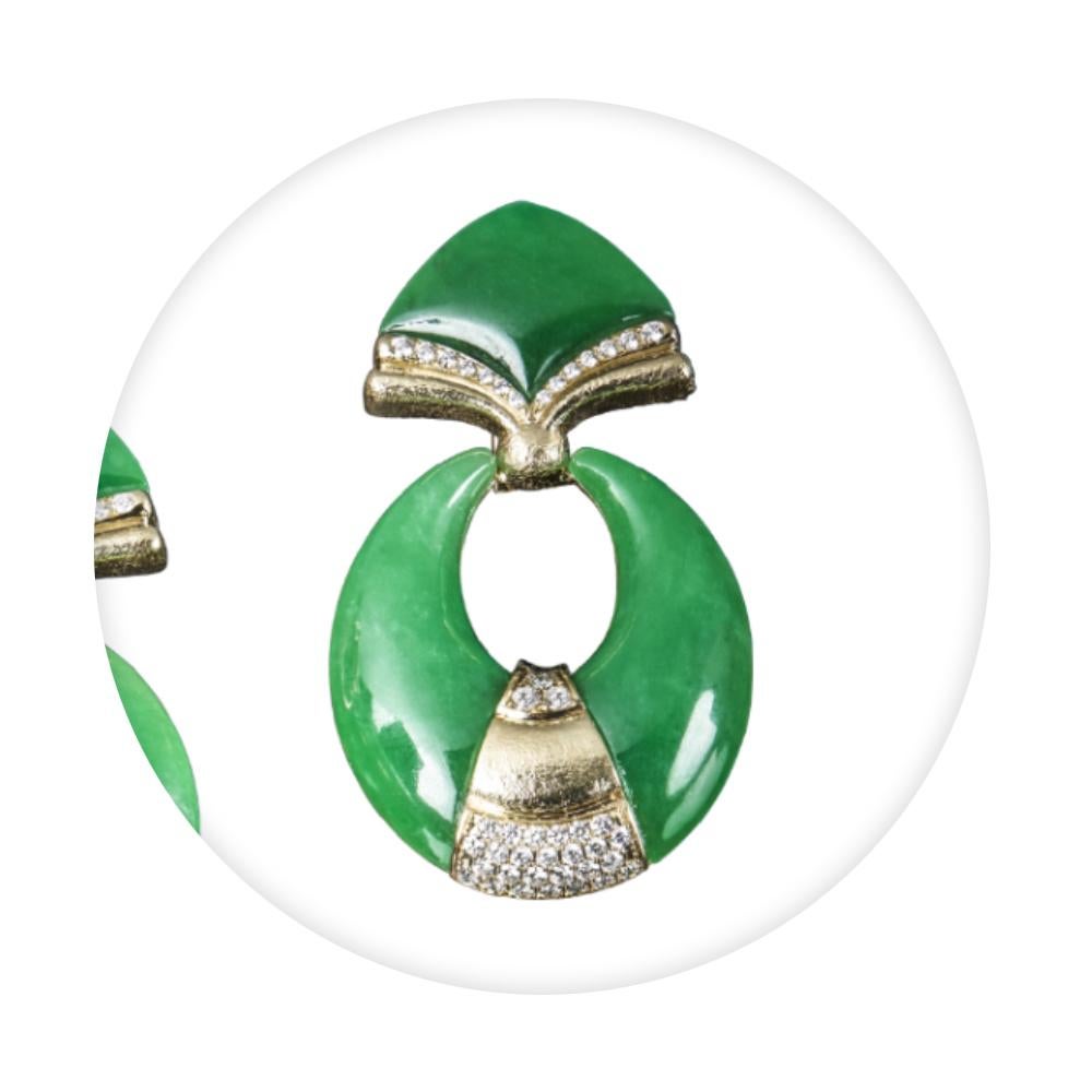 Contemporary Veschetti 18 Karat Yellow Gold, Burmese Jade, Diamond Dangle Earrings For Sale