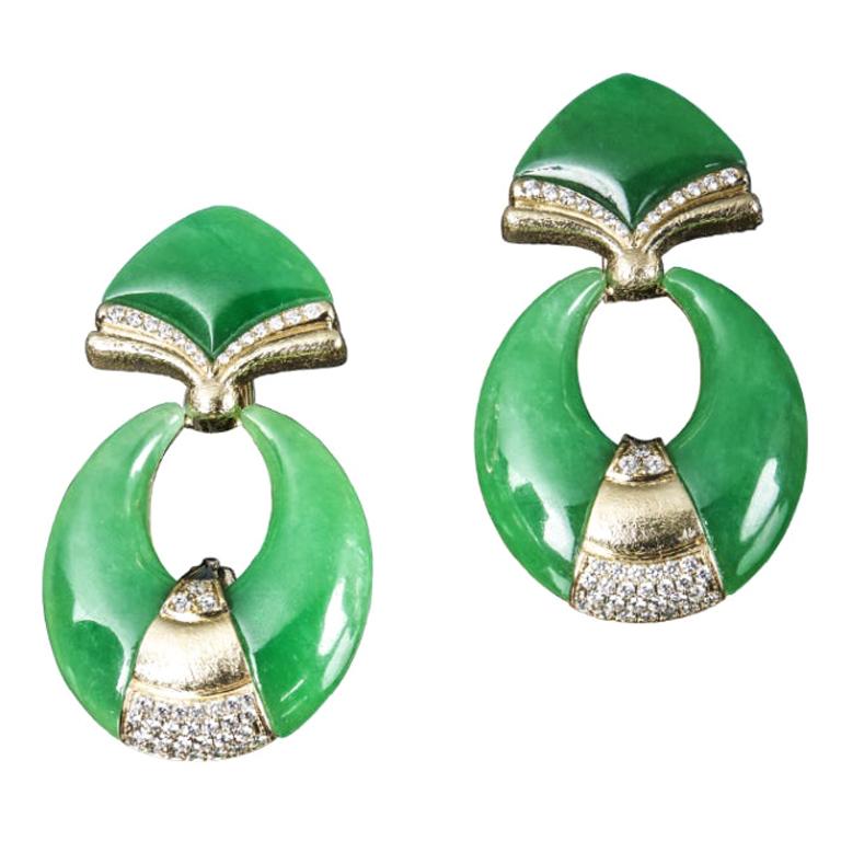 Veschetti 18 Karat Yellow Gold, Burmese Jade, Diamond Dangle Earrings For Sale