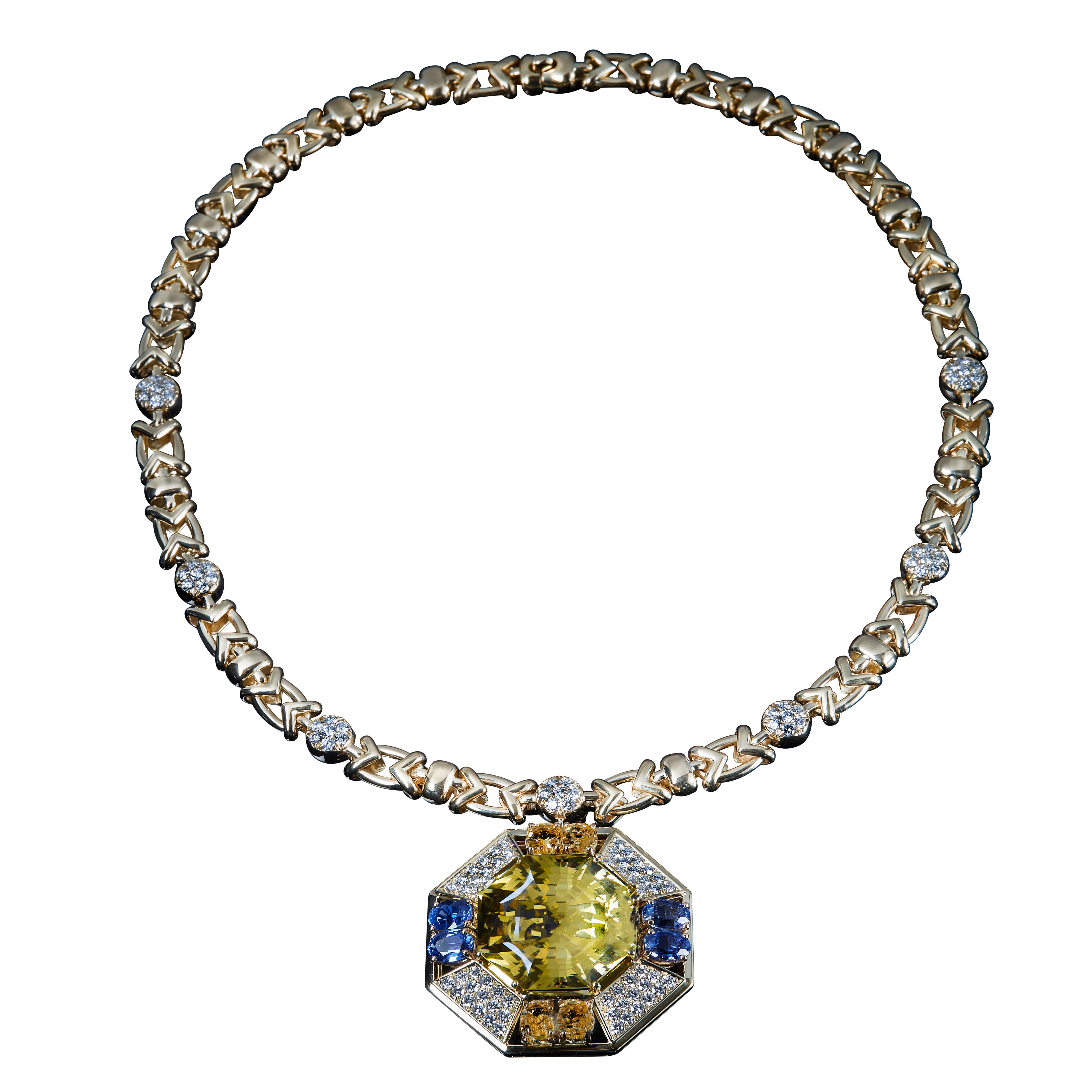 Contemporary Veschetti 18 Karat Yellow Gold Citrine Yellow and Blue Sapphire Diamond Necklace