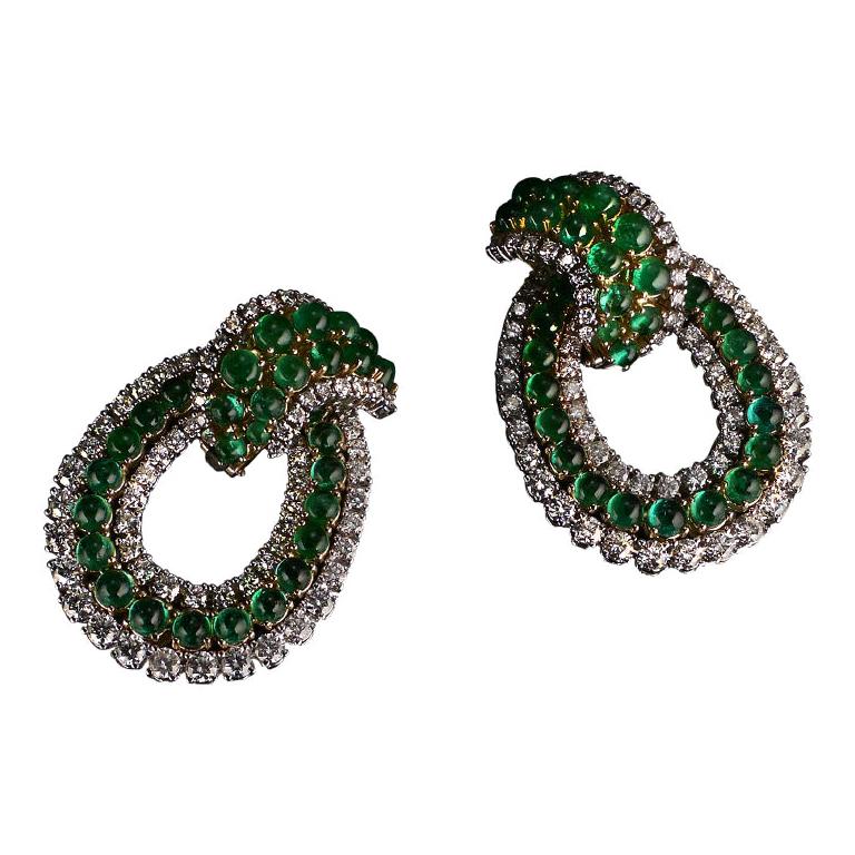 Veschetti 18 Karat Yellow Gold, Emerald, Diamond Earrings For Sale