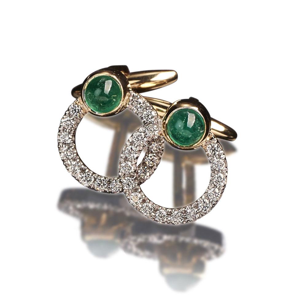18 kt Yellow Gold Cufflinks featuring Cabochon-cut Emeralds for 1,90 carats and Brilliant-cut Diamonds for 0,80 carats, G colour, IF clarity.