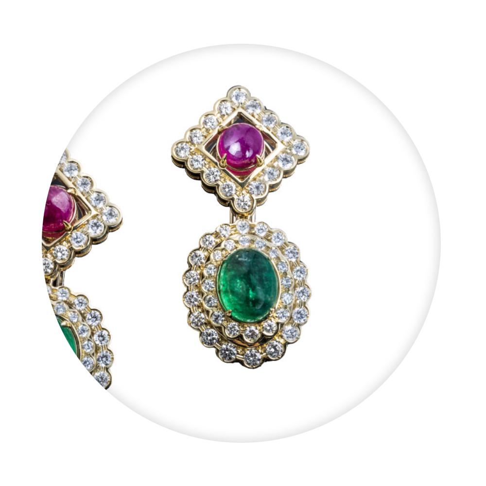 Contemporary Veschetti 18 Karat Yellow Gold, Emerald, Ruby, Diamond Earrings For Sale