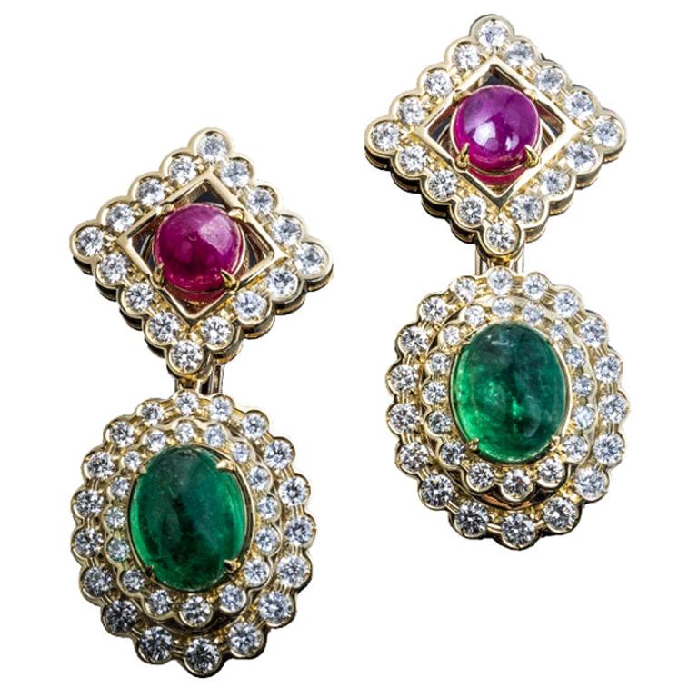 Veschetti 18 Karat Yellow Gold, Emerald, Ruby, Diamond Earrings For Sale