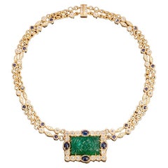 Veschetti 18 Karat Yellow Gold, Emerald, Sapphire, Diamond Necklace
