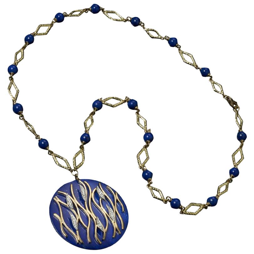 Veschetti 18 Karat Yellow Gold, Lapis Lazuli and Diamond Pendant Necklace
