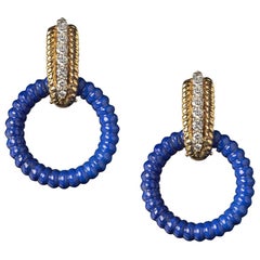 Veschetti 18 Karat Yellow Gold Lapis Lazuli Diamond Dangle Earrings