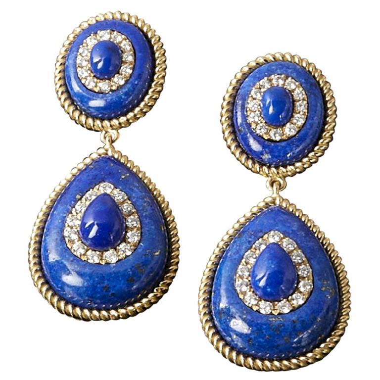 Veschetti 18 Karat Yellow Gold, Lapis Lazuli, Diamond Earrings