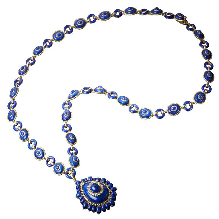 Veschetti-Halskette aus 18 Karat Gelbgold, Lapislazuli und Diamanten