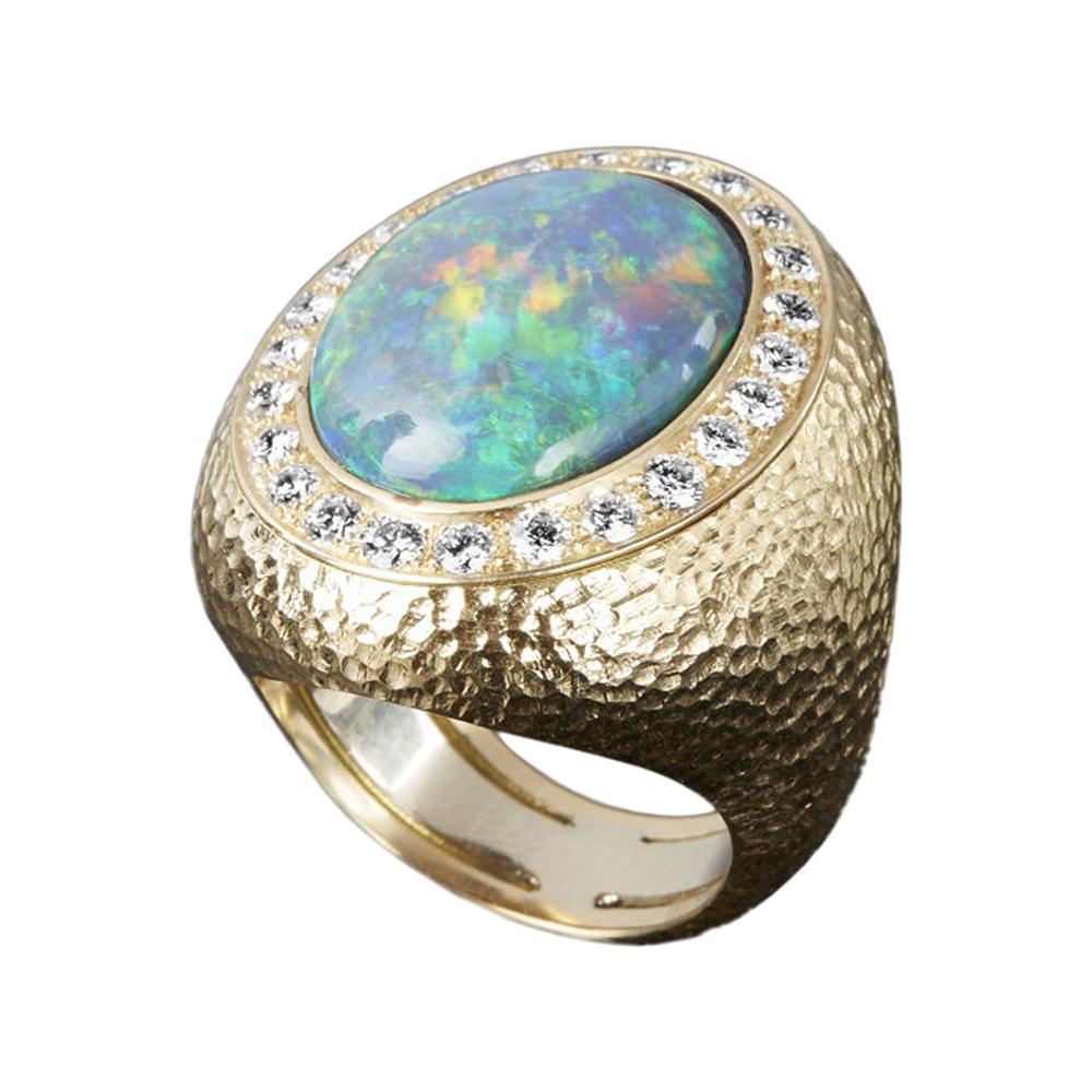Veschetti 18 Karat Yellow Gold, Multicolor Opal, Diamond Cocktail Ring