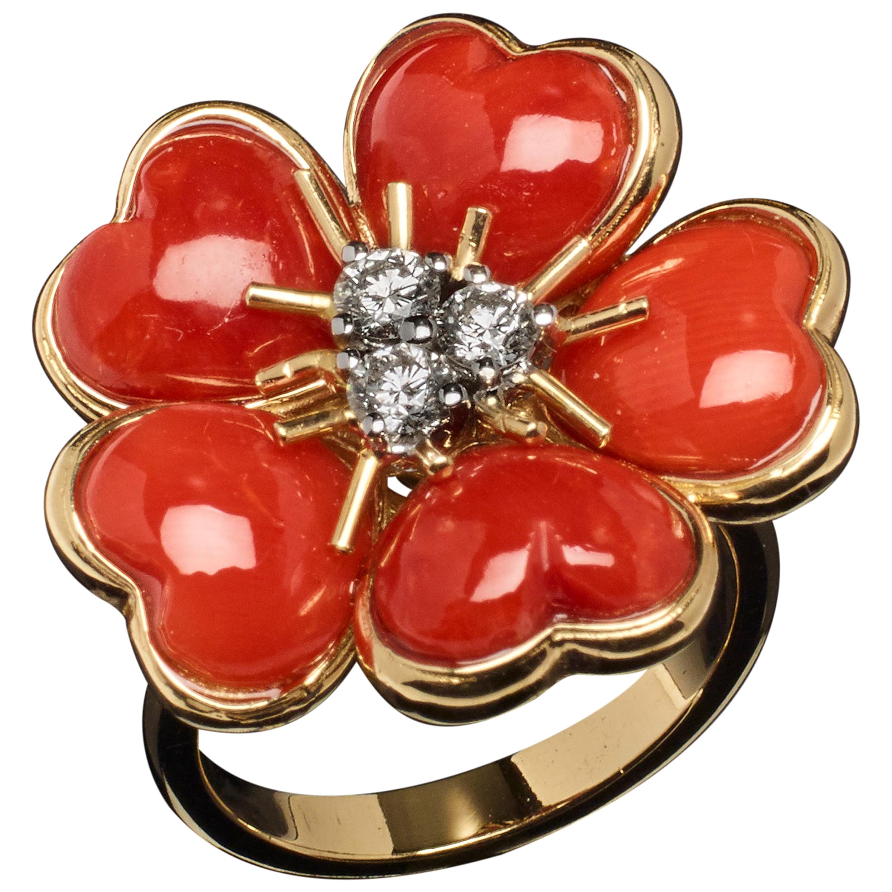 Veschetti 18 Karat Yellow Gold Red Coral Diamond Ring For Sale