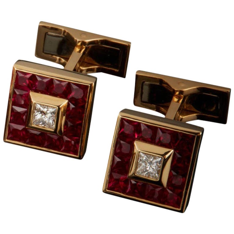 Veschetti 18 Karat Yellow Gold Ruby Diamond Cufflinks For Sale