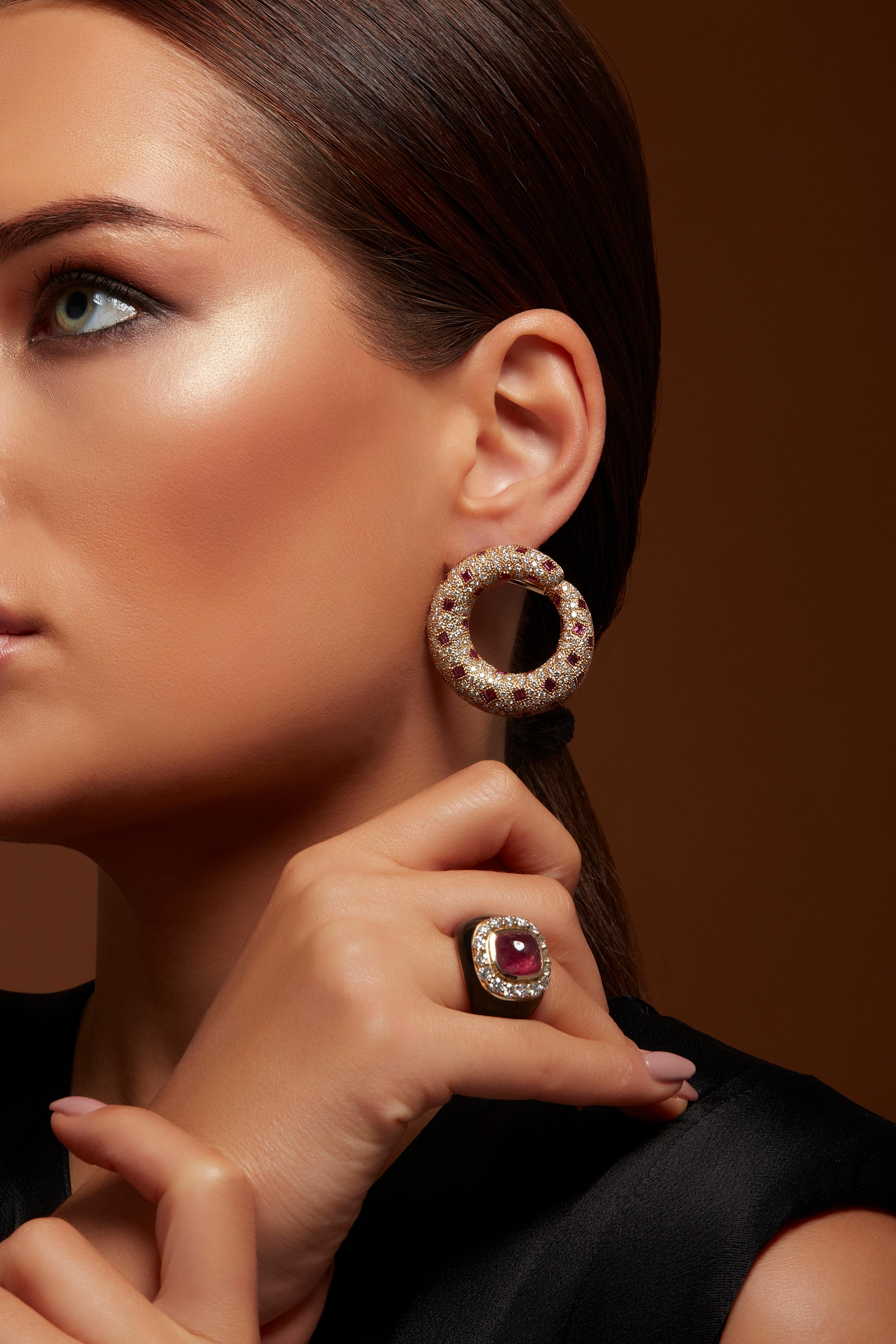 Contemporary Veschetti 18 Karat Yellow Gold Ruby Diamond Earrings For Sale
