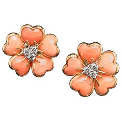 Veschetti 18 Karat Yellow Gold Salmon Pink Coral Diamond Earrings
