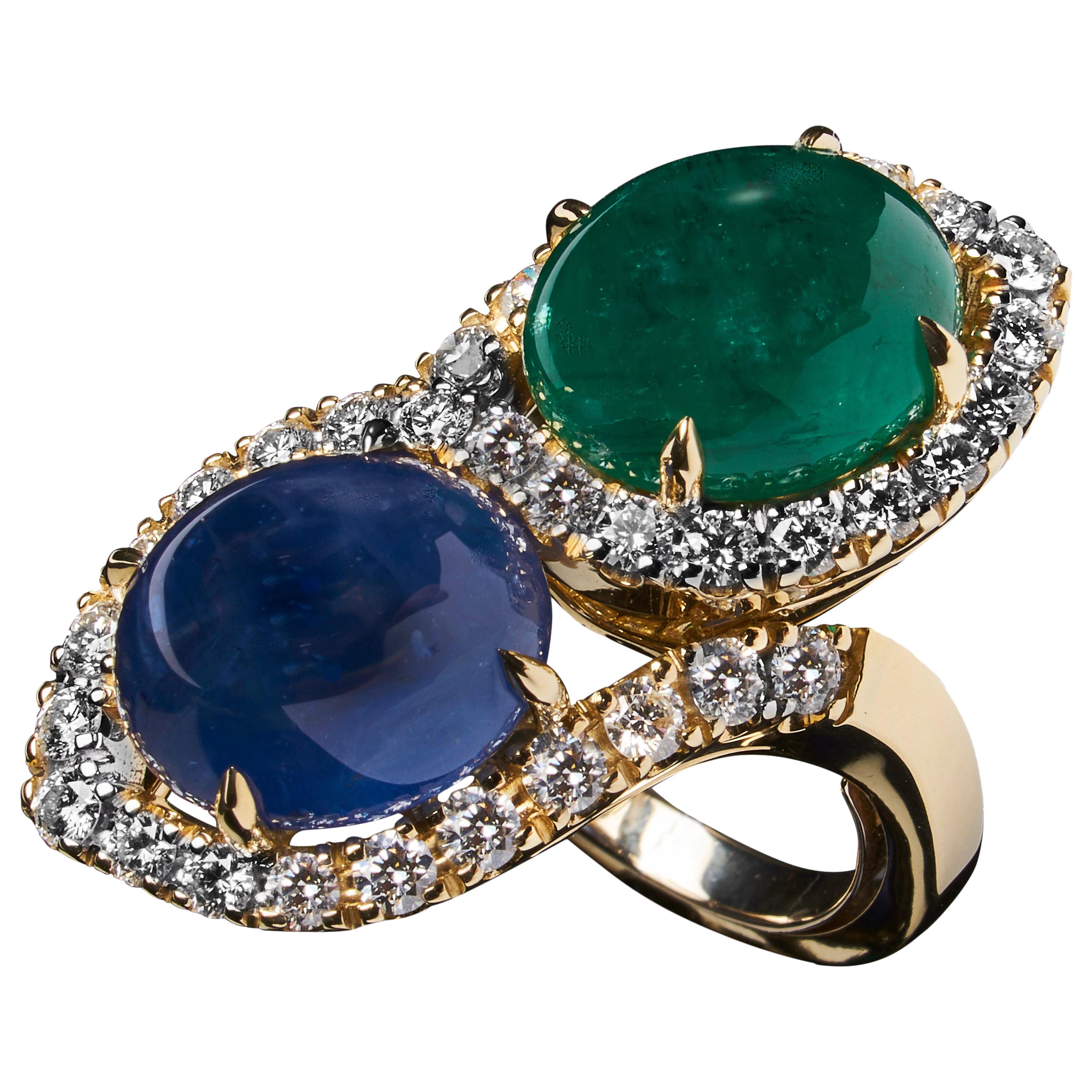 Veschetti 18 Karat Yellow Gold Sapphire Emerald Diamond Cocktail Ring