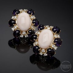 Veschetti 18 Karat Yellow Gold, Skin Angel Coral, Amethyst, Diamond Earrings