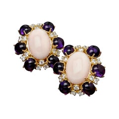 Veschetti 18 Karat Yellow Gold, Skin Angel Coral, Amethyst, Diamond Earrings
