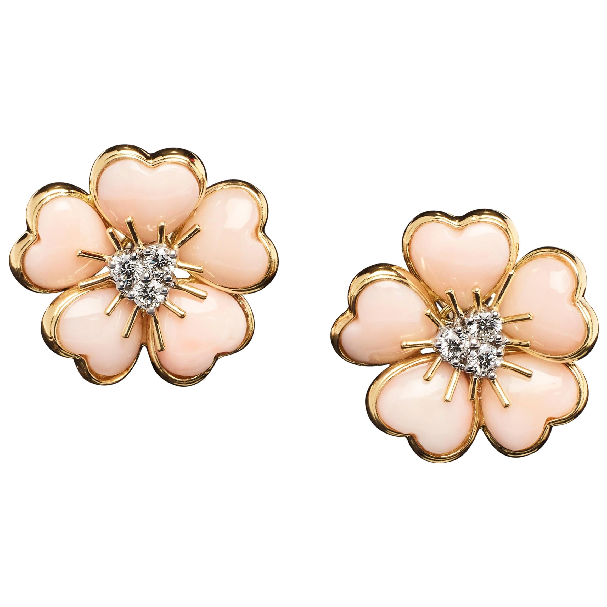 Veschetti 18 Karat Yellow Gold Skin Angel Coral Diamond Earrings
